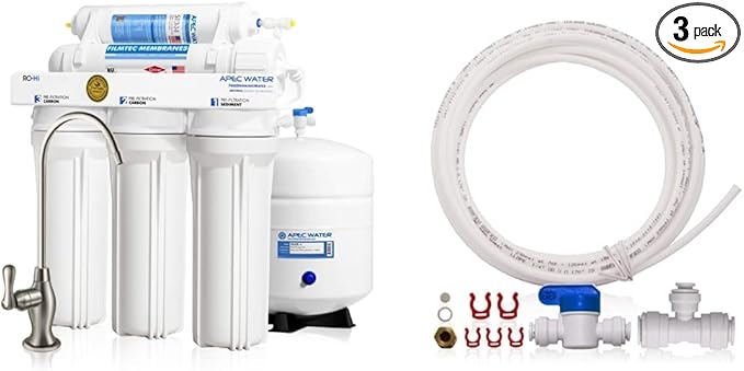 APEC Water Systems Ultimate RO-Hi Top Tier Supreme Reverse Osmosis Drinking Water Filter System, 90 GPD & ICEMAKER-KIT-38-14-RO-A Ice Maker Installation Kit, 3 Piece Set, White
