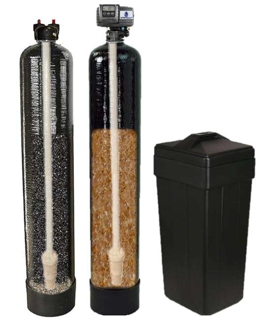 AFWFilters 5600sxt Whole House Water Softener Plus Upflow Carbon Filtration System, 10% crosslink resin and coconut shell carbon, 9"x48" tanks, 32,000 grain Fleck water softener, 1 cubic foot systems