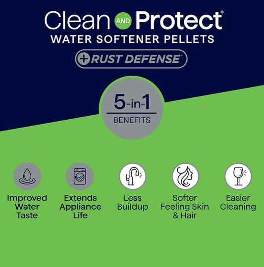 Water Softener Salt Pellets – Clean and Protect Plus Rust Defense, 40 lb Bags – Removes Iron, Reduces Rust Stains, Improves Water Taste, Protects Pipes and Appliances