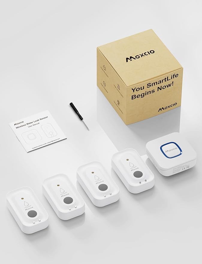 MAXCIO Wi-Fi Water Leak Detector 4 Pack, Smart Water Wireless Sensor with 110dB Adjustable Alarm, APP, SMS, Phone Notifications, 1640ft Transmission Range, Suitable for Basement, Bathroom, and Kitchen