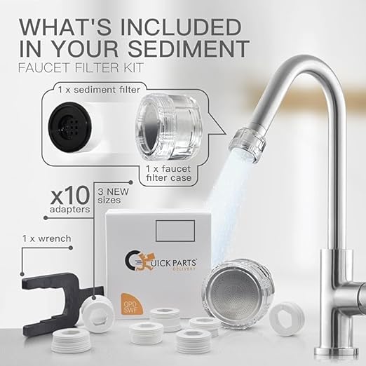 Kitchen and Bathroom Faucet Filter Kit - Includes 10 Adapters - Improves Taste and Odor, Protects Skin and Health - Removes Dirt and Rust (Sediment)