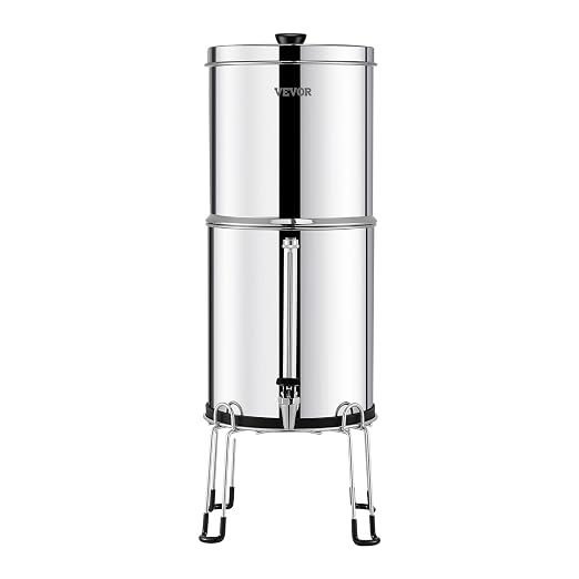 VEVOR Gravity-fed Water Filter System, 2.25G 304 Stainless-Steel Countertop Water Filtration System, Reduces Lead and up to 99% of Chlorine, with 2 Ceramic Carbon Filters, Water Level Spigot, Stand