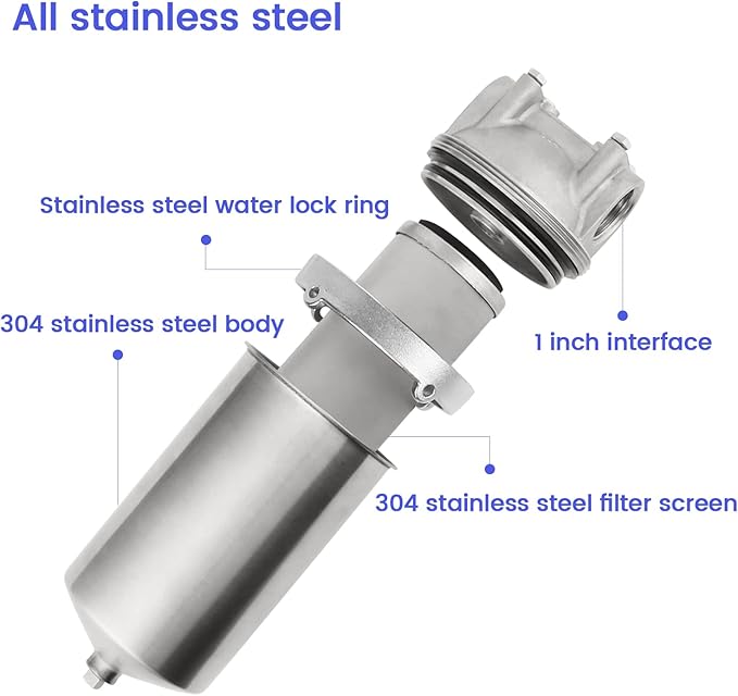 Amwater NSF/ANSI 42 Stainless Steel Whole House Water Filter Housing, 5" x 2.5" Sediment Water Filter System for Heavy Duty, Well & City Water, 1" NPT Port, Drain Valve Style C(Square Head)