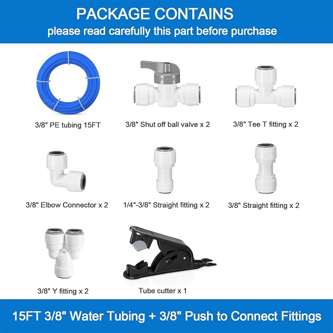 3/8" O.D.RO Water Tubing,15FT Food Grade PE Water Line+12Pcs 3/8" Quick Connect Fittings for RO Reverse Osmosis Water Purifier Filter System(Plastic Tubing+Ball Valve+T+Y+L+I+1/4"-3/8" fitting+Cutter)