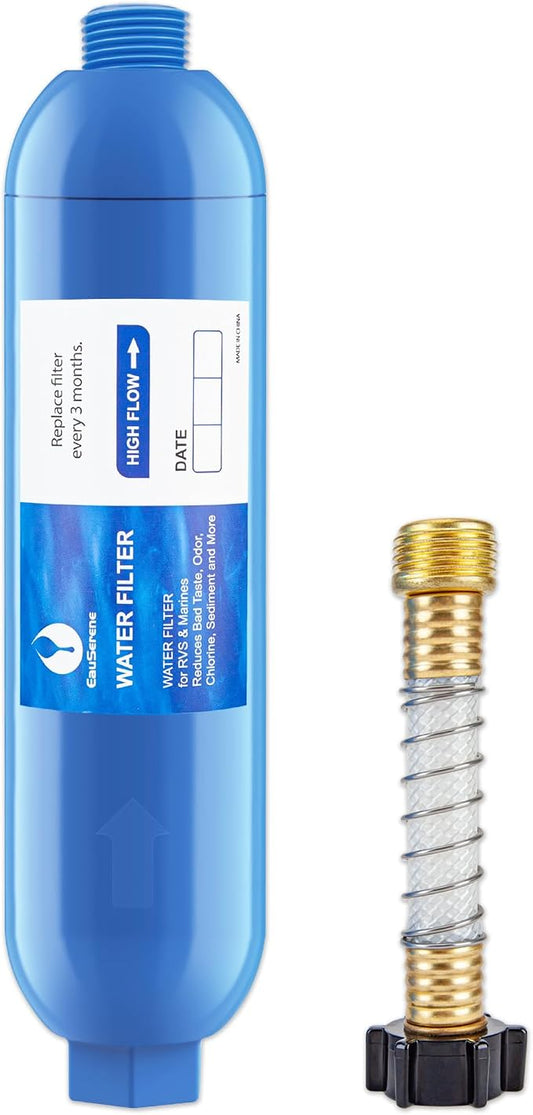 RV Water Filter Kit, Inline Carbon Filter with Flexible Hose | Reduces Chlorine, Sediment, Bad Taste and Odor, Food-Grade Materials, Easy Connection for RVs, Boats and Campers
