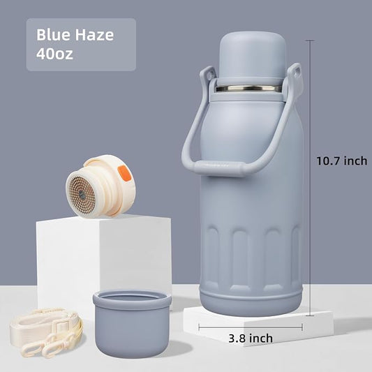 Konokyo Insulated Water Bottle with Handle and Strap,Vacuum Travel Tumbler with Cup Lid,Thermo Coffee Cup for Hot Cold Drinks 40 OZ,Blue Haze
