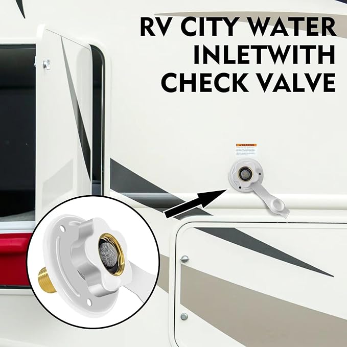 RV City Water Inlet with Check Valve, 3/4 NH Female to 1/2 NPT Male Flange RV Fresh Water Inlet, RV Water Inlet Replacement, RV Water Inlet with Dust Plug for RV Camper Motorhome, White