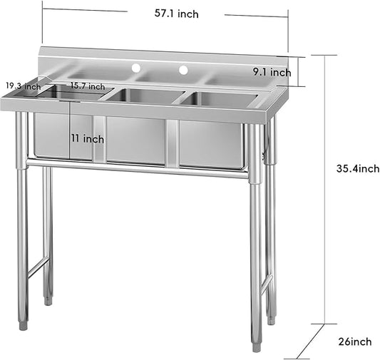 Garvee Stainless Steel 3 Compartment Commercial Sink, 11x19 Inch Basins with 2 Drainboards, NSF Certified Undermount Utility Sink for Restaurant Kitchen Bar