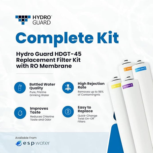Hydro Guard HDGT-45 4-Stage RO Filter Replacement Kit with 50 GPD Membrane | Complete annual filter refresh bundle for HDGT-45 reverse osmosis drinking water systems; includes all 4 stages plus membrane