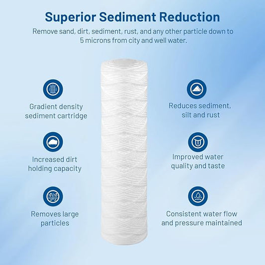 Whole House 5 Micron 10" x 2.5" String Wound Sediment Well Water Filter Cartridge Replacement for W5W, WHKF-WHSW, RS5-DS, RS2-DS, CW-5, SWC-25-1005, HF-150A, WP5, WP-5, SP-CW5 (Pack of 6)