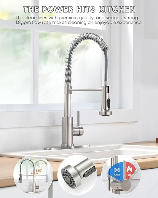 Pull Down Kitchen Faucet with Spring Sprayer, Brushed Nickel — SUS304 Lead-Free Stainless Steel, Single Handle, Fits 1 or 3-Hole Sink with Deck Plate for Farmhouse, RV, Bar, Laundry Room