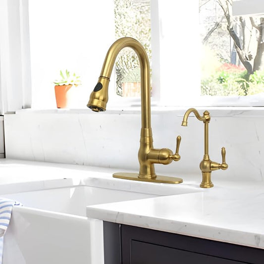 Akicon Brass Body Kitchen Faucet - 100% Drinking Water, Fits Most RO Units or Filtration Systems, Non-Air Gap, Cold Water Only (Brushed Gold)