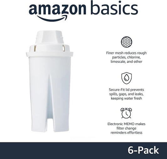 Amazon Basics Enhanced Replacement Water Filters for Pitchers, BPA-Free, WQA & NSF Certified, Compatible with Brita Pitchers & Drinking Water Filter Systems, 1 Year Supply, 6-Pack