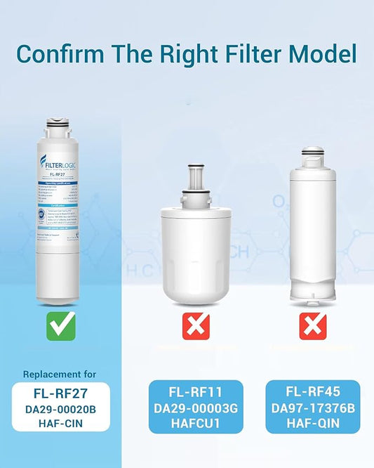 Filterlogic FL-RF27 Replacement for Samsung DA29-00020B, HAF-CIN/EXP, RF28HMEDBSR, RF263BEAESR, HDX FMS-2, DA97-08006A-1, DA29-00020B-1, RF4287HARS, RFG297HDRS, Refrigerator Water Filter, 4 PACK