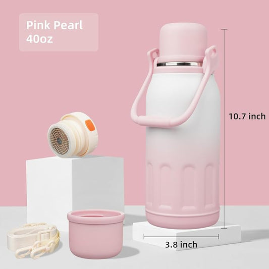 Konokyo Insulated Water Bottle with Handle and Strap,Vacuum Travel Tumbler with Cup Lid,Thermo Coffee Cup for Hot Cold Drinks 40 OZ,Pink Pearl