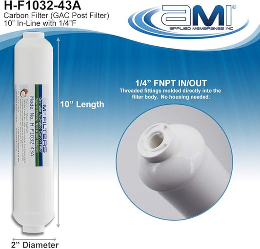 Inline Carbon Water Filter | 10" Length | 1/4" Threaded Female In/Out | For Chlorine Taste & Odor or Post Filter for Home RO | RO Stage 5 Polishing Filter (1, 1/4" Female Threade)