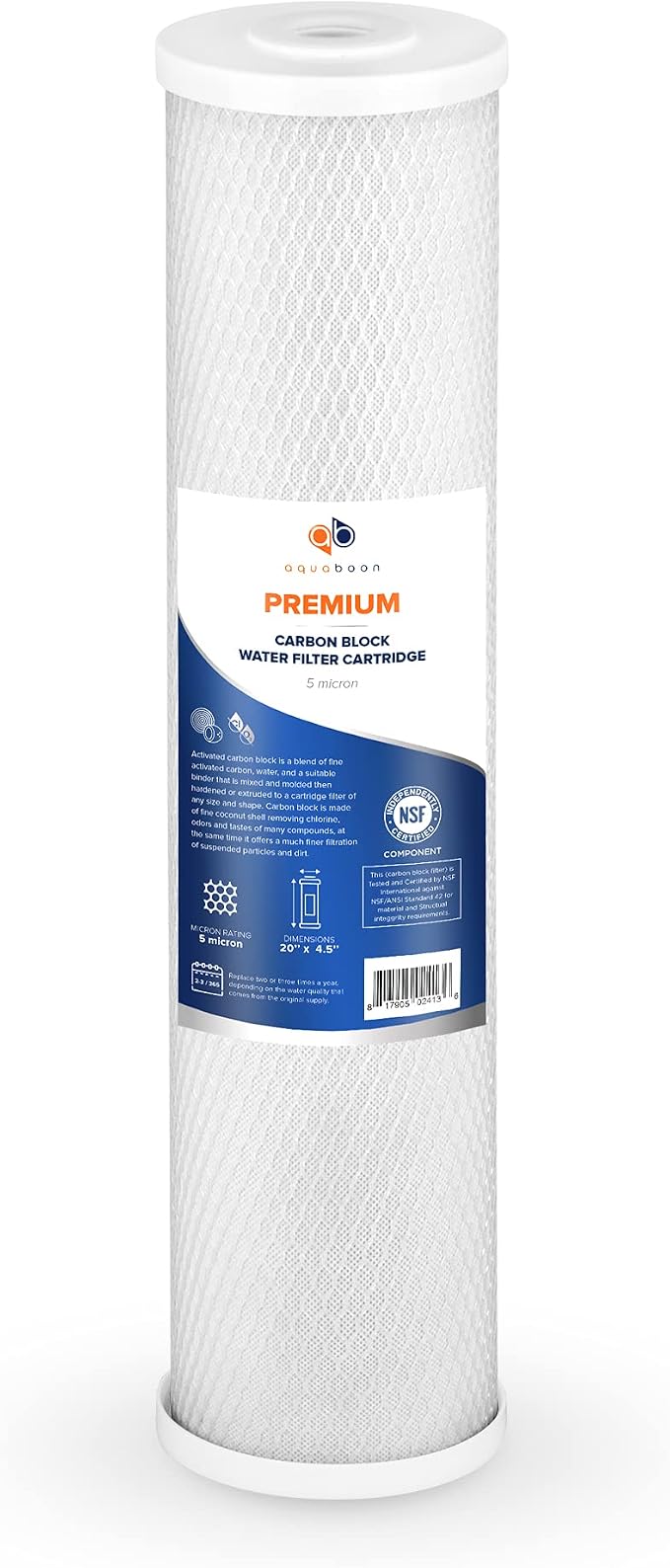Aquaboon 5 Micron 20 x 4.5 Whole House Water Filter Replacement Cartridge Carbon Block Chlorine Reduction for 1-Stage Water Filtration System 6 Pack