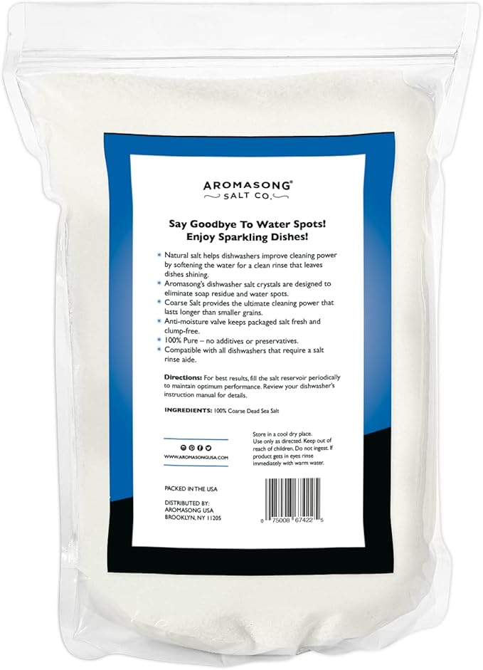 Aromasong Dishwasher Salt 19 LB - 100% Natural Water Softening Agent for Cleaner Dishes & Washer Reactivation Compatible with Bosch, Miele, Whirlpool, Thermador and More (packaging may vary)