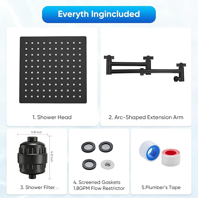 Shower Head with Filters, Stainless Steel Rain Filtered Shower Head, High Pressure Shower Head with 16" Shower Extension Arm - 20 Stage Shower Filter for Hard Water - 12" Black