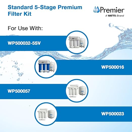 Watts Premier Bi-Annual Standard RO 5-Stage & 6-Stage Premium Carbon Block Filtration Kit for Reverse Osmosis System, Sediment Filter, 2 Carbon Pre-Filters, 10" GAC Inline Post-Filter, Housing Wrench