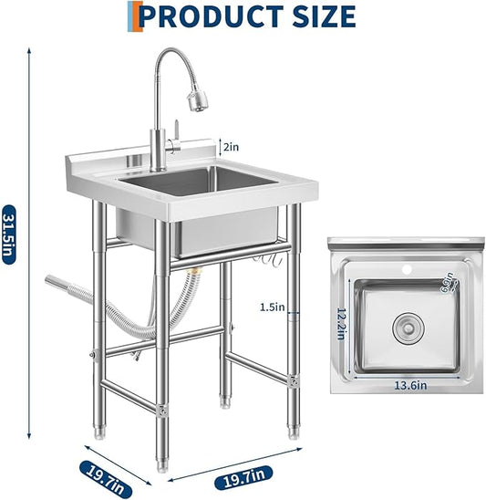 Garvee Stainless Steel Utility Sink with Faucet & Storage Shelf, 304 Single Bowl Freestanding Sink with Adjustable Legs, S-Hooks, Hot & Cold Water Pipes for Kitchen, Laundry, Garage, Farm, Outdoor Use