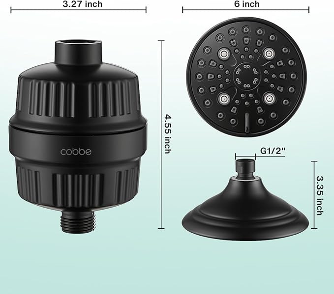 Cobbe 6-Setting High Pressure Filtered Shower Head Combo, Detachable Rain Shower Head with 20 Stage Shower Head Filter for Hard Water - Remove Chlorine and Harmful Substances, Black