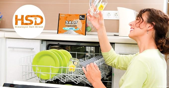 dishwasher salt 5kg powerful crystal, limescale remover on your glassware and water softener, life & improving its performance, 99% purity (5 pack)