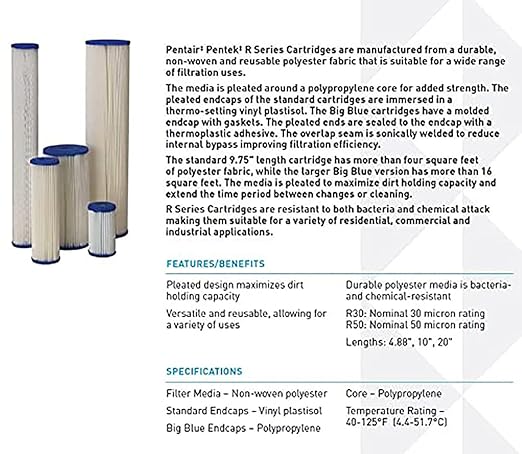 Pentair Pentek R30 Sediment Water Filter, 10-Inch, Under Sink Pleated Polyester Filter Cartridge, 10" x 2.5", 30 Micron