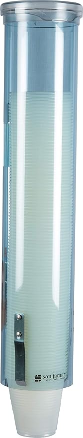 San Jamar Small Pull-Type Cup Dispenser Fits 3-4.5 Oz Cone Cups, 3-5 Oz Flat Cups with Flip Caps for Restaurants, Dining Halls, and Fast Food, Plastic, 16 Inches, Blue