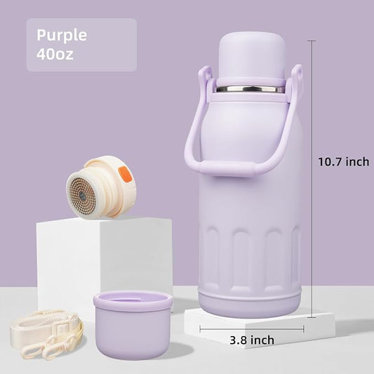 Konokyo Insulated Water Bottle with Handle and Strap,Vacuum Travel Tumbler with Cup Lid,Thermo Coffee Cup for Hot Cold Drinks 40 OZ,Purple