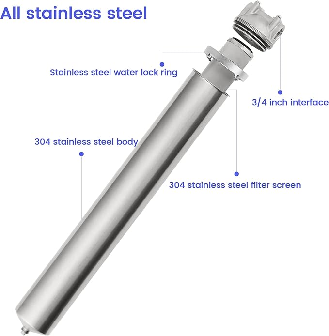 Amwater NSF/ANSI 42 Stainless Steel Whole House Water Filter Housing, 20" x 2.5" Sediment Water Filter System for Heavy Duty, Well & City Water, 3/4" NPT Port, Drain Valve Style C(Square Head)