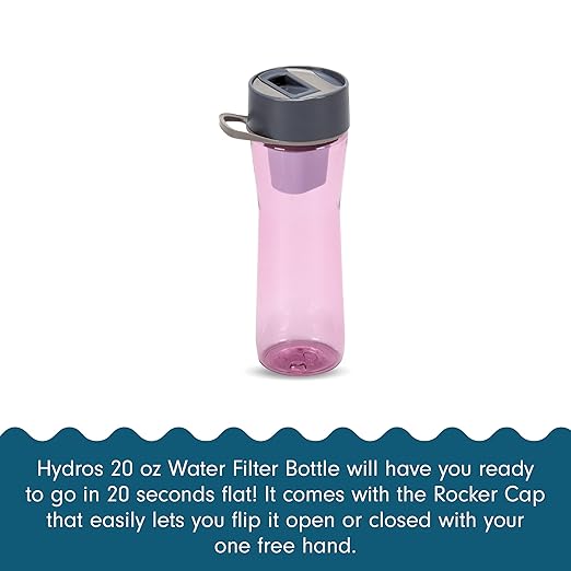 Hydros Water Filter Bottle, 20 Oz, Patented Fast Flo Tech, Dishwasher Safe, 20 Second Quick Fill, Leak Proof, BPA Free, Violet