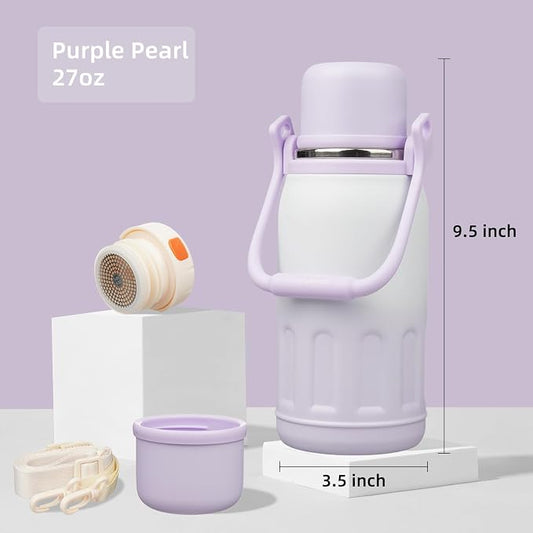 Konokyo Insulated Water Bottle with Handle and Strap,Vacuum Travel Tumbler with Cup Lid,Thermo Coffee Cup for Hot Cold Drinks 27 OZ,Purple Pearl