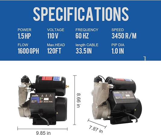 Weeflos 1.5HP Automatic Booster Pump, 1600 GPH Water Pump, 120ft Max Head, Mechanical Pressure Switch, Self-Priming Utility Pump for Shower, Irrigation, Basement, Garden, Pool (1.5HP/120FT)