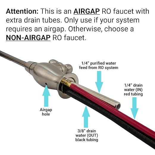 Metpure Airgap RO Faucet With 3-Connection Ports. NSF Certified Reverse Osmosis Drinking Water Filtration System Water Dispenser (Brushed Nickel) With Pre-inserted Tubing and Install Tool. Vase Style.