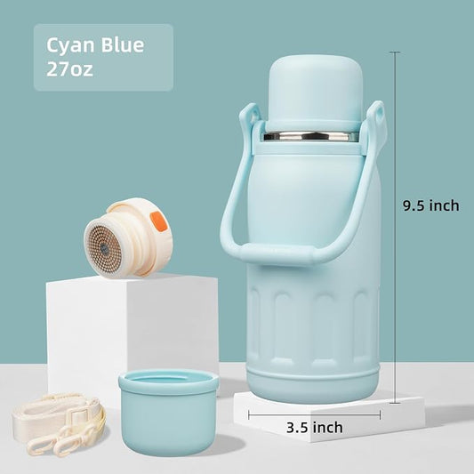 Konokyo Insulated Water Bottle with Handle and Strap,Vacuum Travel Tumbler with Cup Lid,Thermo Coffee Cup for Hot Cold Drinks 27 OZ,Cyan Blue