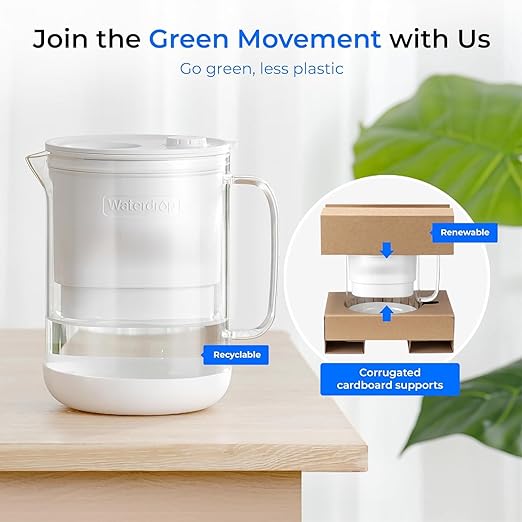 Waterdrop PT-72W Glass Water Filter Pitcher, 7-Cup, Eco-Friendly, White | NSF/ANSI 53, 42 & 372 Certified Filter, Reduces PFOA/PFOS, Chlorine, Cadmium, Copper & Mercury, BPA-Free, Easy to Clean