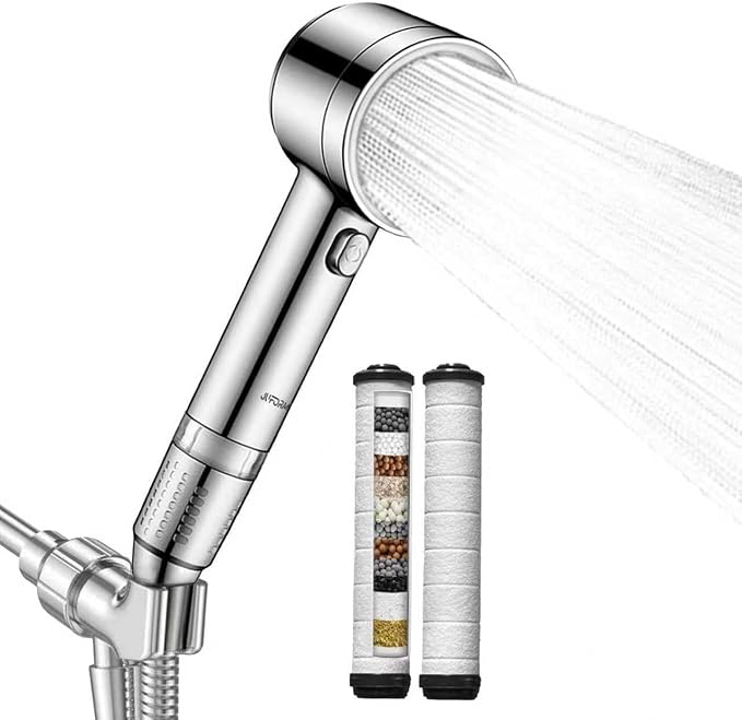 High Pressure Shower Head with Handheld, with Pause Switch 4 Spray Modes Water Saving Showerhead,Showerhead Set with Hose, Bracket and Cotton Filter, (Chrome)