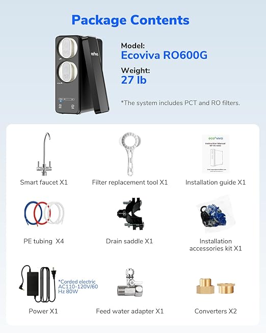 Ecoviva 600GPD Reverse Osmosis System, RO Under Sink Water Filter System, Tankless, Lower TDS, 2.5:1 Pure to Drain Ratio, LED Panel with Filter Monitor, Online Installation Guide, Black