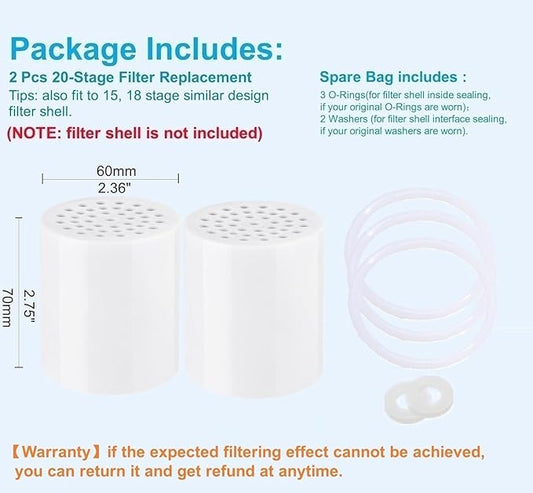 2 Pc Luxau 20 Stage(Also Fit 15, 18 Stage) Shower Filter Replacement Cartridge, Shower Head Filter Refill, for Hard Water Chlorine Heavy Metal, Skin Hair, Fit Any Similar Design Shower Water Filter