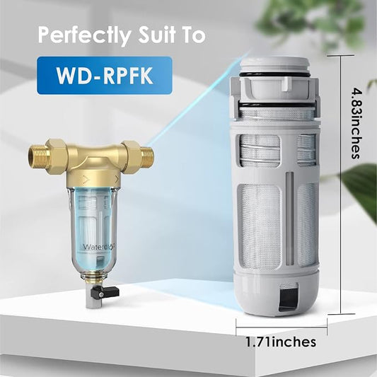 A water filter set shown on a clean light gray background with text reading 'Perfectly Suit To WD-RPFK' and dimension labels. The set includes a gold and clear filter assembly on the left and a tall cylindrical gray filter canister on the right, with measurements of 4.