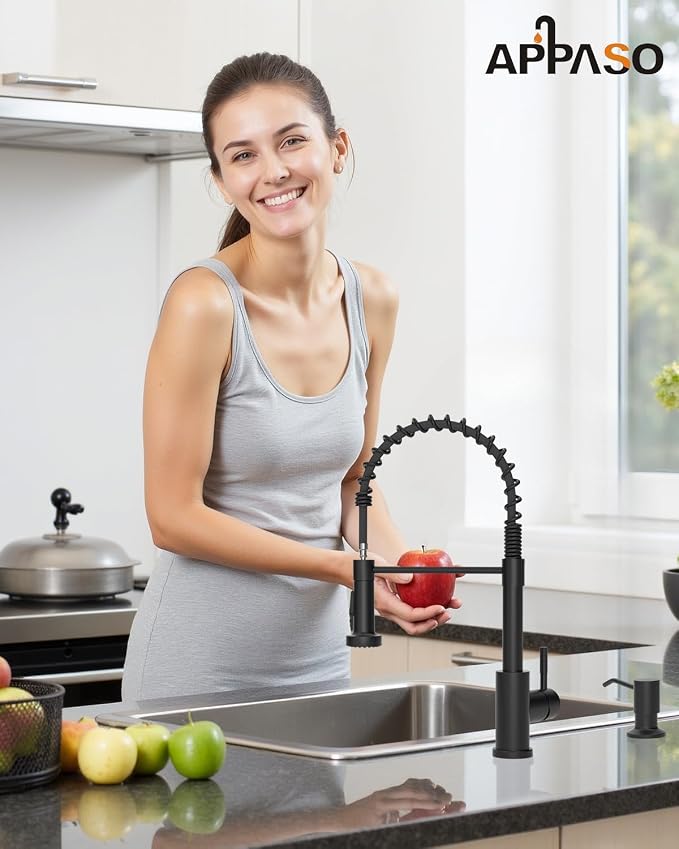 APPASO Black Kitchen Faucet with Soap Dispenser & Pull Down Sprayer | NSF/ANSI/CAN 372 & Lead-free, SUS304 Stainless Steel 3 Modes Faucet for Farmhouse, Bar & RV