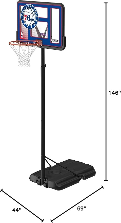 Lifetime NBA Philadelphia 76ers Portable Basketball Hoop, Adjustable Height 7.5-10 Ft, 44 Inch Shatterproof Fusion Backboard, Base with Wheels