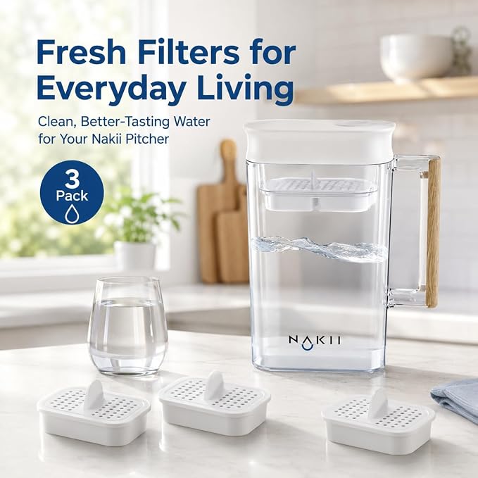 Nakii Genuine Original NFP-100 Replacement Water Filters, Official Nakii Pitcher Filter Refills, 3 Pack, WQA Certified, NSF Grade, 150-Gallon Long Life Filters, Reduces Chlorine, Mercury, Rust & More