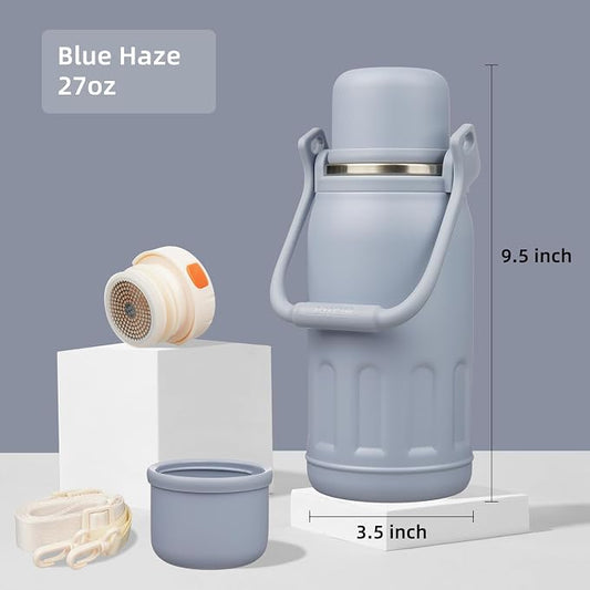Konokyo Insulated Water Bottle with Handle and Strap,Vacuum Travel Tumbler with Cup Lid,Thermo Coffee Cup for Hot Cold Drinks 27 OZ,Blue Haze