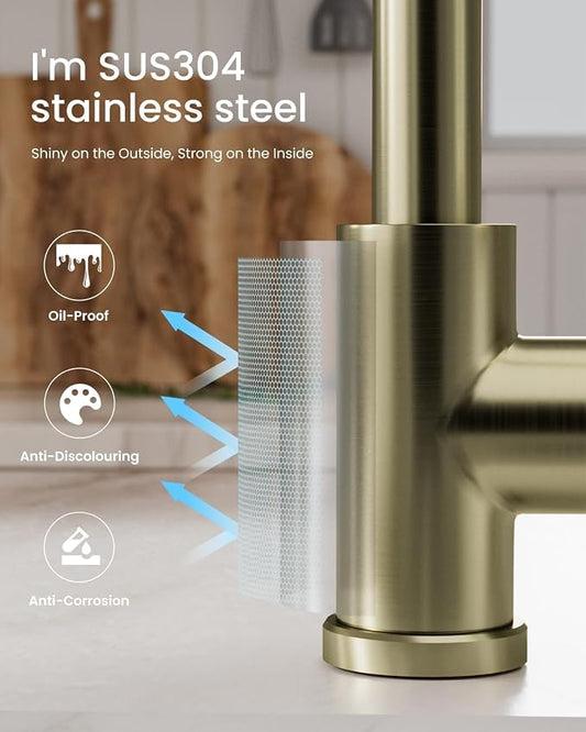 APPASO Gold Kitchen Faucet with Pull Down Sprayer and Soap Dispenser | Single Handle High Arc Spout, NSF Certified 1 or 3 Hole Installation, for Kitchen Sink Farmhouse RV Laundry Camper