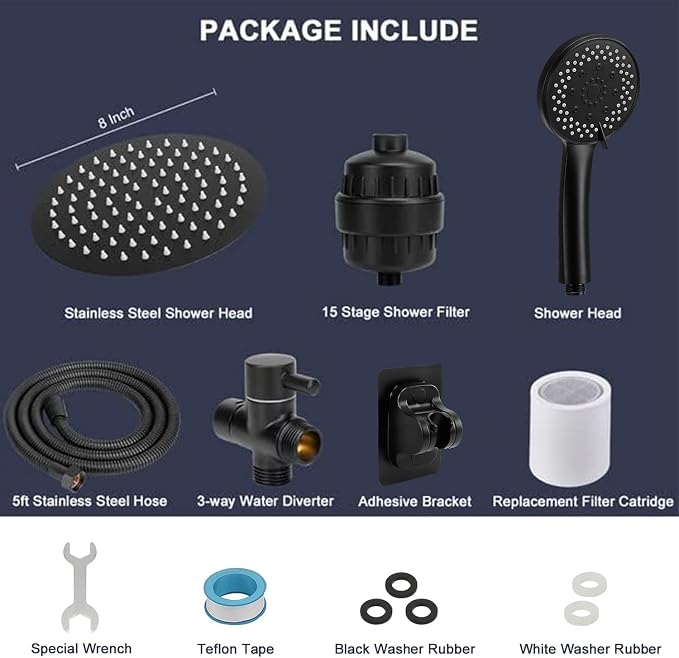 NearMoon Filtered Shower Head, High Pressure 8″Round Rain Shower and 5 settings Handheld Shower Filter Combo with Self-adhesive Holder/1.5M Hose -1 Replaceable Filter Cartridge (Matte Black)