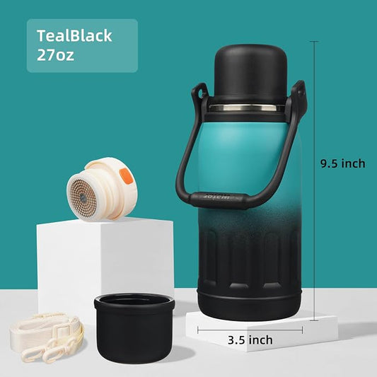Konokyo Insulated Water Bottle with Handle and Strap,Vacuum Travel Tumbler with Cup Lid,Thermo Coffee Cup for Hot Cold Drinks 27 OZ,TealBlack