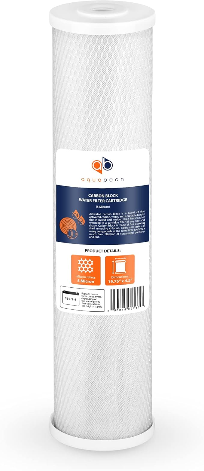 Aquaboon 4,5 x 20 inch Carbon Filter Cartridge - 5 Micron Coconut Shell CTO Big Blue Filter - Whole House Well Water Filtration - Matches DB20P, CTO20BB, Pentek FLOPLUS-20BB, 155312-43 (2 Pack)