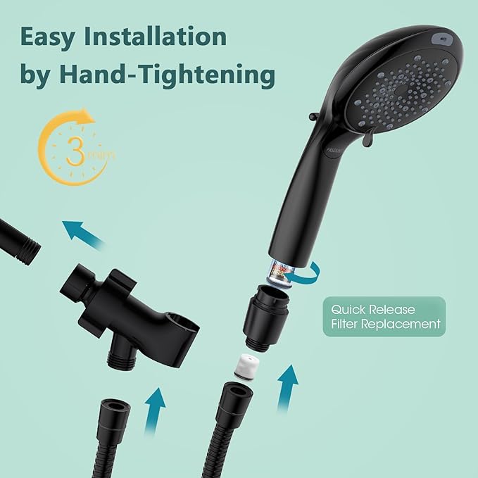 FASDUNT Filtered Shower Head with Handheld, High Pressure 8-Mode Handheld Showerhead with Filters for Hard Water -Remove Chlorine, Built-in Power Wash, 80" Long Hose & Adjustable Bracket, Black